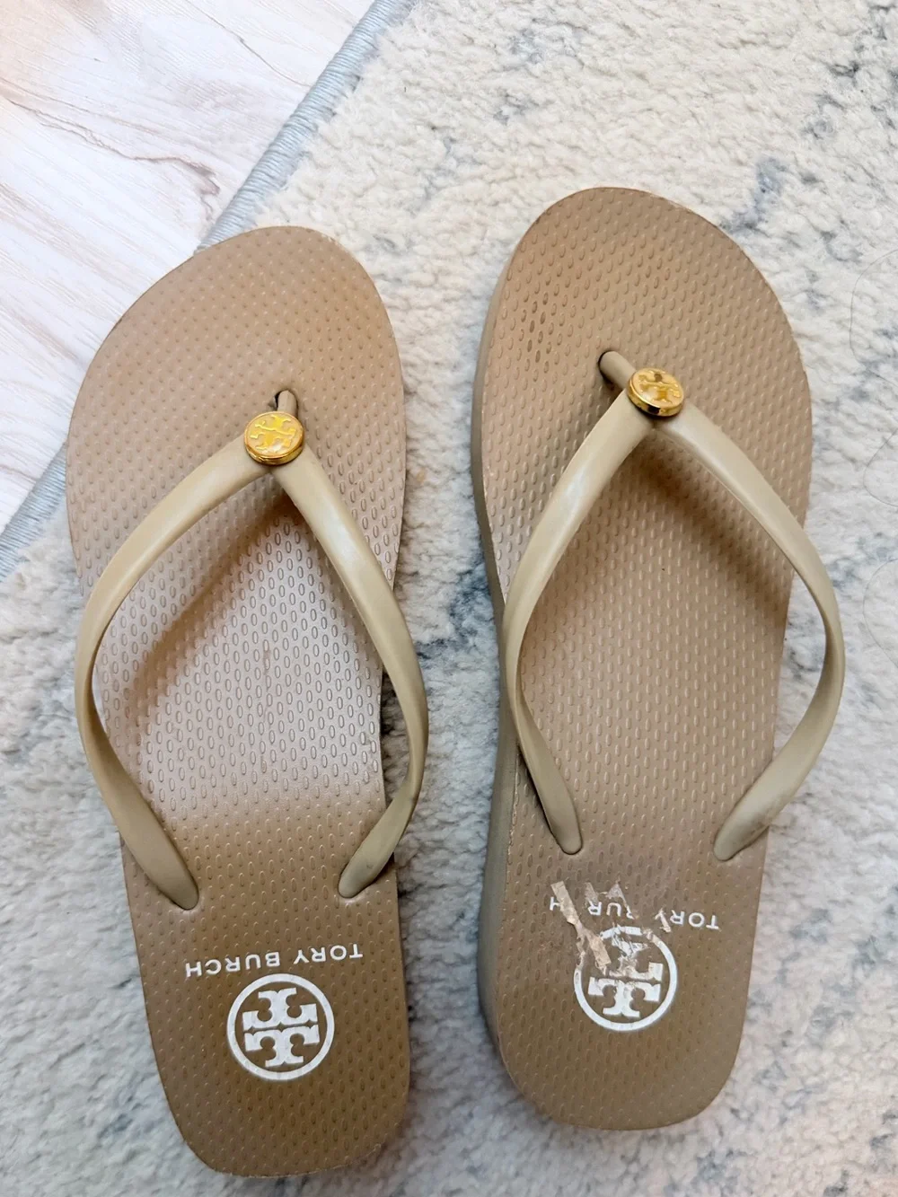 Tory Burch Beige Platform Flip Flop Wedge Sandals with Gold Logo